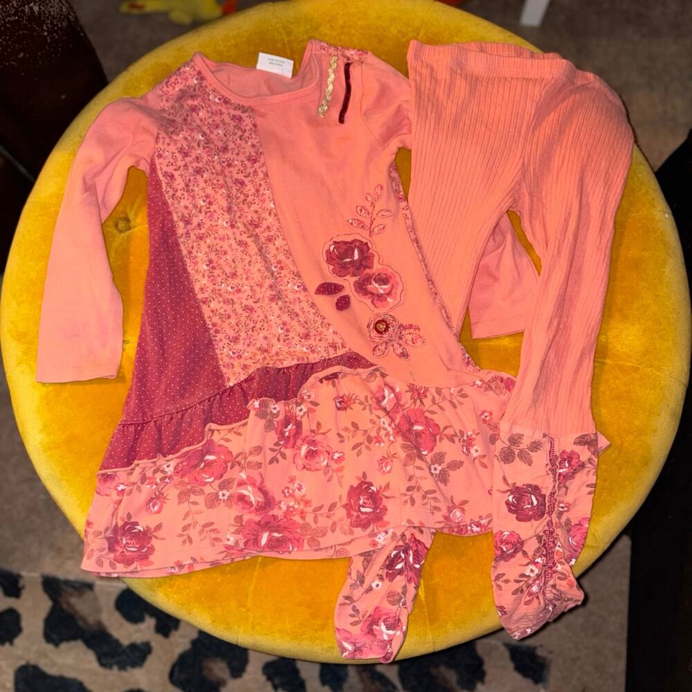 Naartjie Kids Girls Floral Tunic Dress & Leggings Set Coral Pink